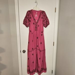 NWOT Free People Riley Embroidered Maxi Dress-Fushia Color